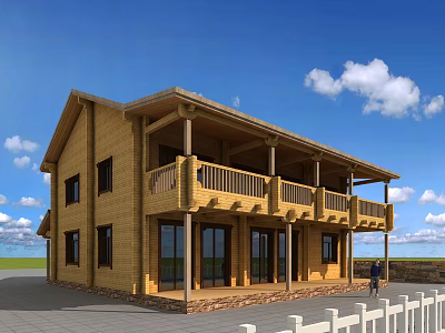 Wooden House Exterior Design Two Story With Spacious Balcony Under Blue Sky And White Clouds 3d model