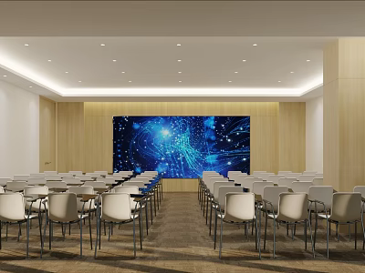 Modern Conference Room Interior With White Chairs Large Screen And Blue Tech Background 3d model