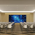 Modern Conference Room Interior With White Chairs Large Screen And Blue Tech Background 3d model