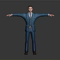 Man in Blue Suit Standing with Arms Outstretched Against Gray Background