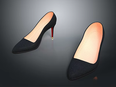 Black Fabric Pointed Toe High Heels With Red Stiletto Heel For Daily Use 3d model