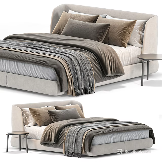 Modern Double Bed with Elegant Bedding Plush Pillows Cozy Blanket and Nightstand 3d model 