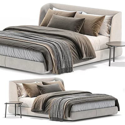 Modern Double Bed with Elegant Bedding Plush Pillows Cozy Blanket and Nightstand 3d model