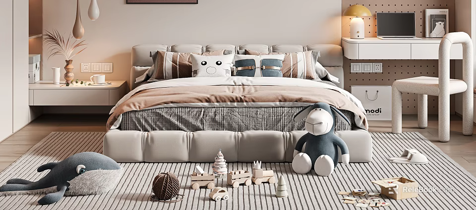 Cozy Kids Bed Design With Soft Pillows Stuffed Rabbit And Building Blocks On Striped Rug 3d model 