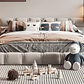 Cozy Kids Bed Design With Soft Pillows Stuffed Rabbit And Building Blocks On Striped Rug