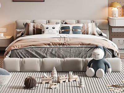 Cozy Kids Bed Design With Soft Pillows Stuffed Rabbit And Building Blocks On Striped Rug 3d model