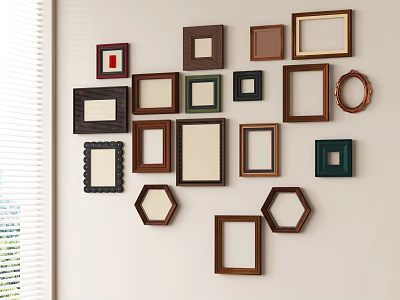 Stylish Multiple Frames with Various Shapes Colors and Sizes on Wall Decor 3d model