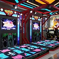 Modern Arcade Playground Interior With Neon Lights Colorful Lighting And Gaming Machines