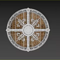 Medieval Shield Historical Weapon With Ornate Carved Patterns Metal Rim And Wooden Surface