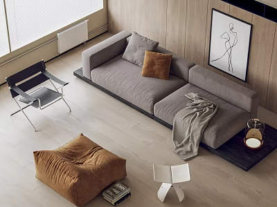 Gray Sofa Coffee Table Set With Brown Cushion Gray Blanket Wooden Wall And Window Blinds 3d model