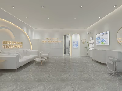 Modern Hair And Beauty Salon Interior Design With Marble Counter Sofa Seating And Open Layout 3d model