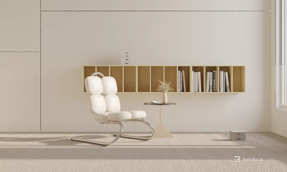 Modern White Accent Chair With Wooden Bookshelf Small Side Table And Potted Plant 3d model 