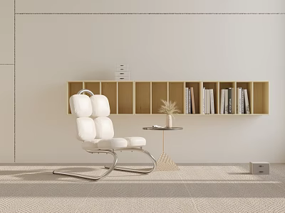 Modern White Accent Chair With Wooden Bookshelf Small Side Table And Potted Plant 3d model