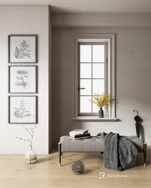 Minimalist Cozy Bench With Botanical Prints On Wall Window Vase Yellow Flowers Books And Blanket 3d model 