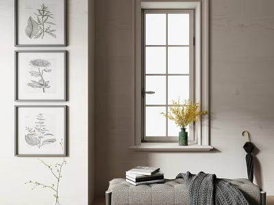 Minimalist Cozy Bench With Botanical Prints On Wall Window Vase Yellow Flowers Books And Blanket 3d model