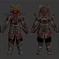 Ornate Samurai Armor With Red And Gold Decoration Front Back Views Holding Weapons