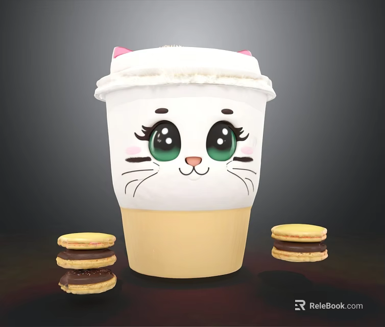 Cute Cat Face Cup With Big Eyes Green Nose Whiskers Pink Ears And Cookies 3d model 