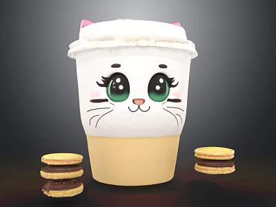 Cute Cat Face Cup With Big Eyes Green Nose Whiskers Pink Ears And Cookies 3d model