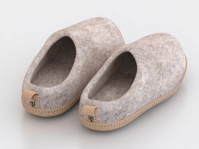 Cozy Gray Felt Slippers with Stitched Brown Sole for Indoor Home Wear 3d model