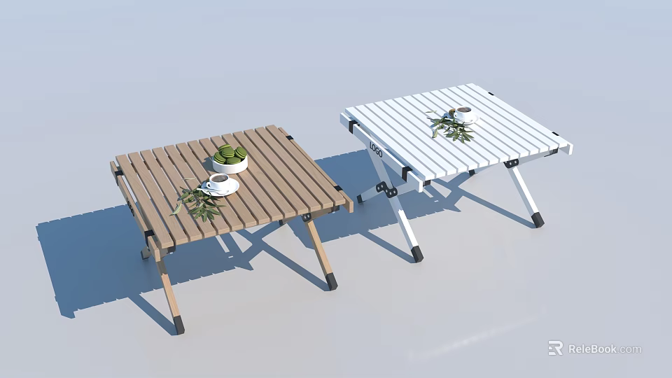 Outdoor Folding Tables With Wooden And White Striped Design Green Plants And White Accessories 3d model 