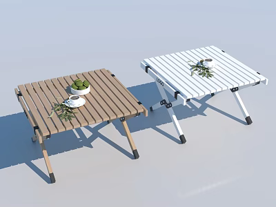 Outdoor Folding Tables With Wooden And White Striped Design Green Plants And White Accessories 3d model