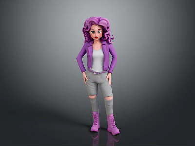 Woman With Purple Curly Hair In Purple Jacket White Top Gray Ripped Jeans And Boots 3d model