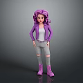 Woman With Purple Curly Hair In Purple Jacket White Top Gray Ripped Jeans And Boots
