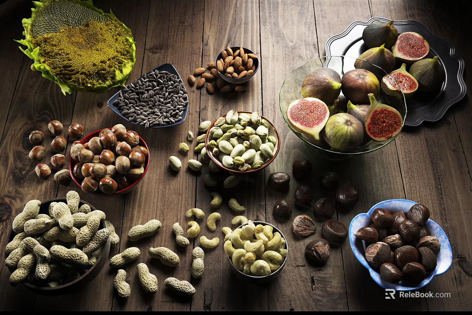 Assorted Healthy Nuts And Fresh Figs Displayed In Bowls On Wooden Table 3d model 