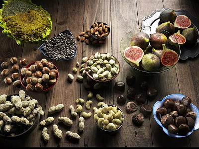 Assorted Healthy Nuts And Fresh Figs Displayed In Bowls On Wooden Table 3d model
