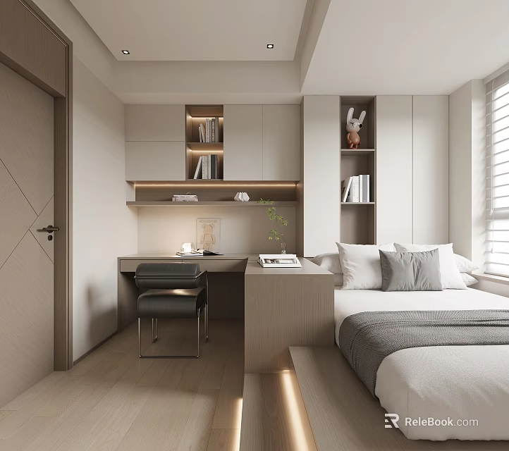 Minimalist Tatami Bedroom Interior With Tatami Bed Desk Bookshelves And Natural Light 3d model 