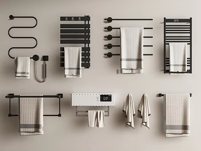 Hanging Towels with Black Heated Racks and Various Modern Holders in Bathroom Design 3d model