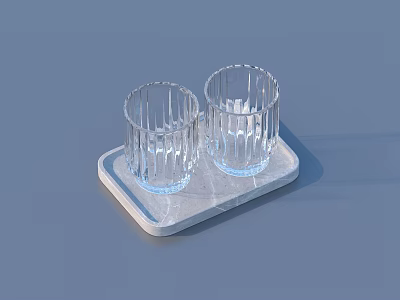 Transparent Ribbed Glass Cups With Simple Design On Minimalist Light Tray For Daily Home Essentials 3d model