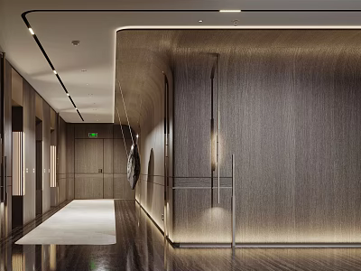 Modern Elevator Hallway Design With Wooden Panel Walls Recessed Lighting And Polished Floor 3d model