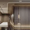 Modern Elevator Hallway Design With Wooden Panel Walls Recessed Lighting And Polished Floor