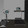 Modern Home Gym Room With Elliptical Trainer Treadmill Digital Screens White Walls And Wooden Floor