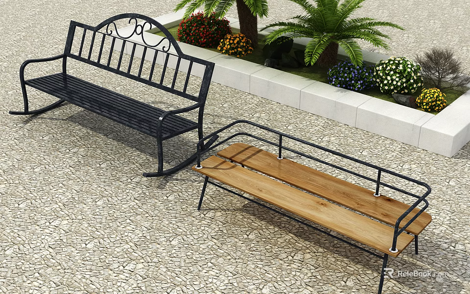 Outdoor Benches Black Metal Frame Wooden Seat Ornate Backrest With Green Plants And Stone Pavement 3d model 
