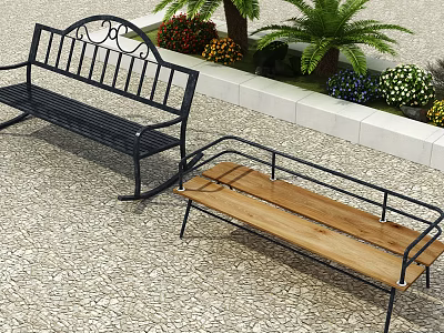Outdoor Benches Black Metal Frame Wooden Seat Ornate Backrest With Green Plants And Stone Pavement 3d model