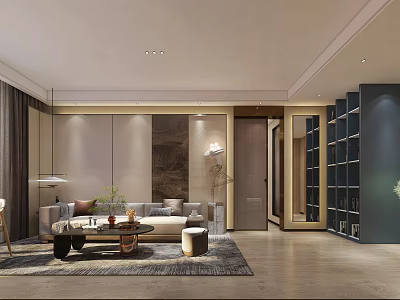 Modern Living and Dining Room Interior with Sofa Coffee Table Bookshelf and Pendant Light 3d model