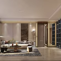 Modern Living and Dining Room Interior with Sofa Coffee Table Bookshelf and Pendant Light