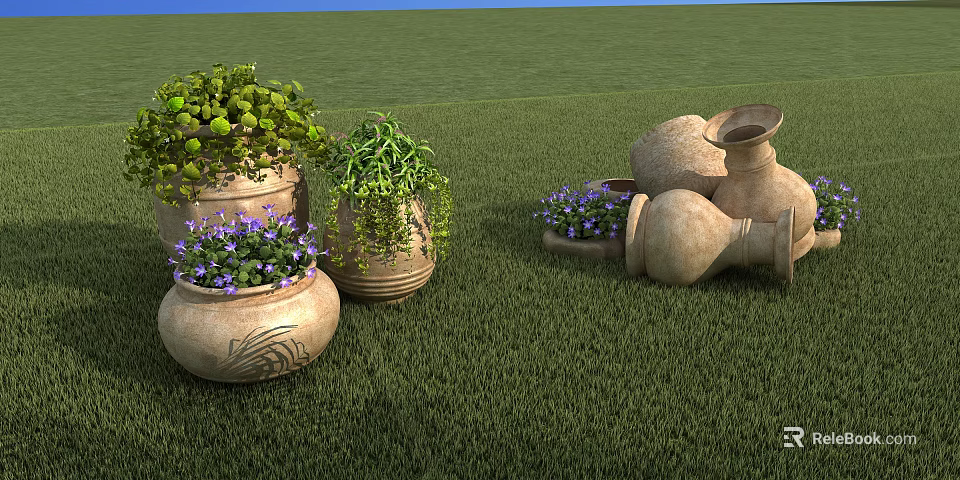 Decorative Garden Clay Pots With Purple Flowers And Vines On Green Grass 3d model 