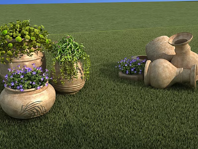 Decorative Garden Clay Pots With Purple Flowers And Vines On Green Grass 3d model