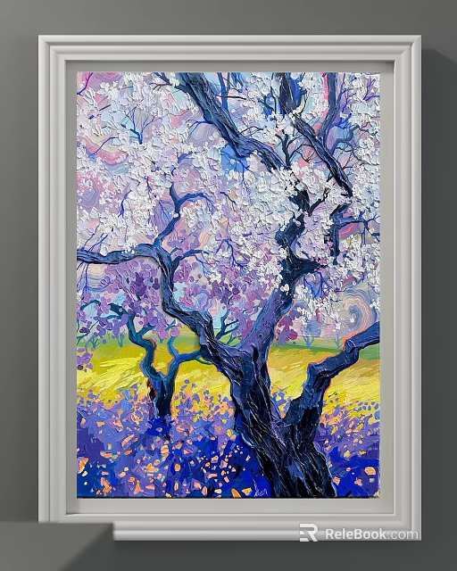 Vibrant Oil Painting Landscape With Blossoming Cherry Tree Dark Trunks And Purple Yellow Background 3d model 