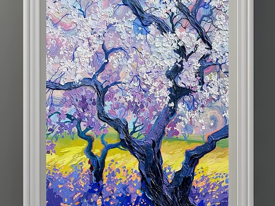 Vibrant Oil Painting Landscape With Blossoming Cherry Tree Dark Trunks And Purple Yellow Background 3d model