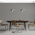 Modern Dining Table Set With Wooden Top And Metal Frame Chairs And Pendant Lights