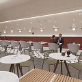 Modern Café Interior With Tables Chairs Hanging Lights Plants And Black White Patterned Floor
