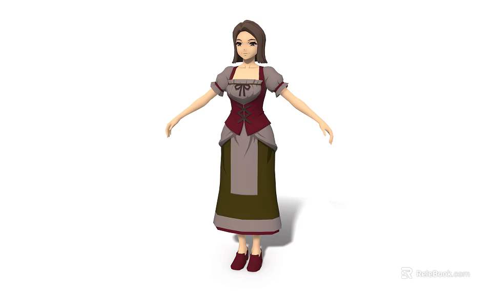 Woman In Traditional Red And Green Dress With Long Skirt And Red Shoes 3d model 