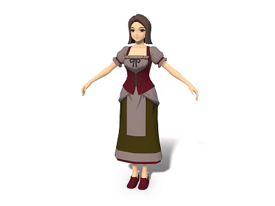 Woman In Traditional Red And Green Dress With Long Skirt And Red Shoes 3d model