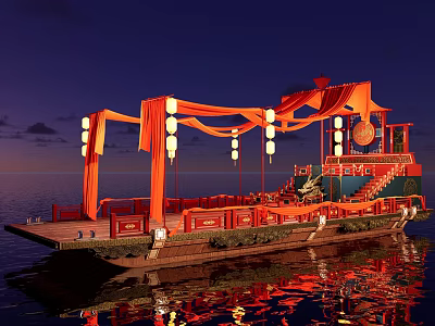 Traditional Wooden Boat With Red Fabrics Lanterns And Stairs Floating On Night Sea With Reflections 3d model