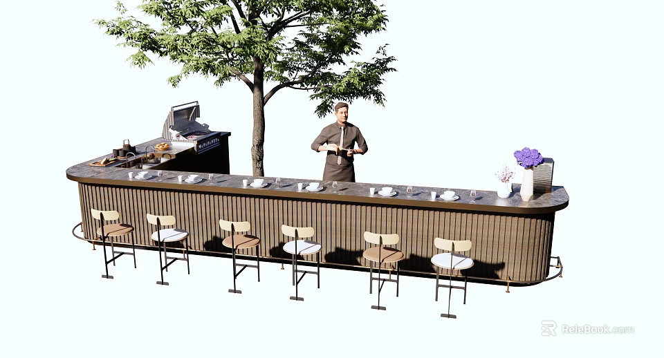 Outdoor Bar Counter With Stools Bartender Green Tree And Drink Glasses 3d model 