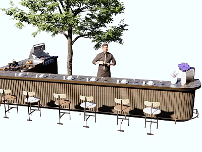 Outdoor Bar Counter With Stools Bartender Green Tree And Drink Glasses 3d model